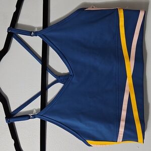 Nike Dri Fit Blue Strappy Sports Bra with Yellow and Pink Accents Size M
